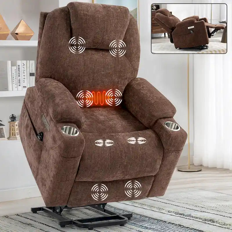 Blue Lift Recliner with 8-Point Massage, Lumbar Heating, Dual USB Ports, and Stainless Steel Cup Holders