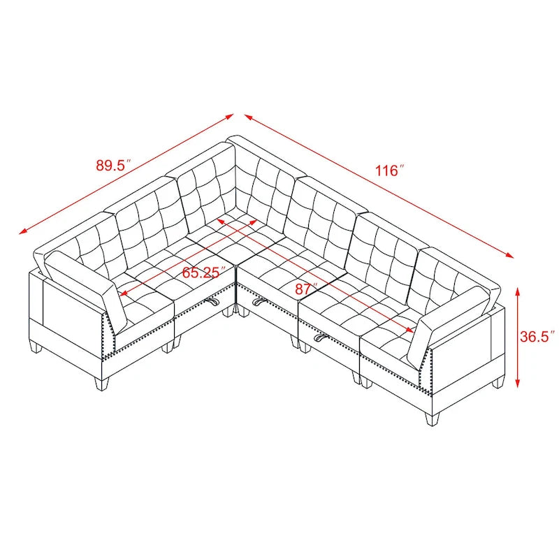 Grey 116 L-Shaped 6-Seat Sofa with Chairs and Storage