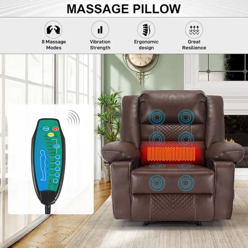 Brown Manual Leather Massage Recliner with 8-Point Vibration, Lumbar Heating, and Multi-Reclining Options