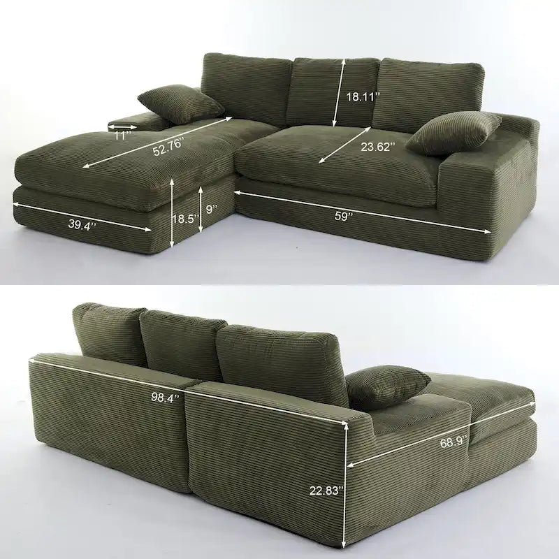 Green 98.4 L-Shaped 4-Seater Modular Sectional Sofa with Chaise, Modern Design, and Comfortable High-Resilience Foam Cushions