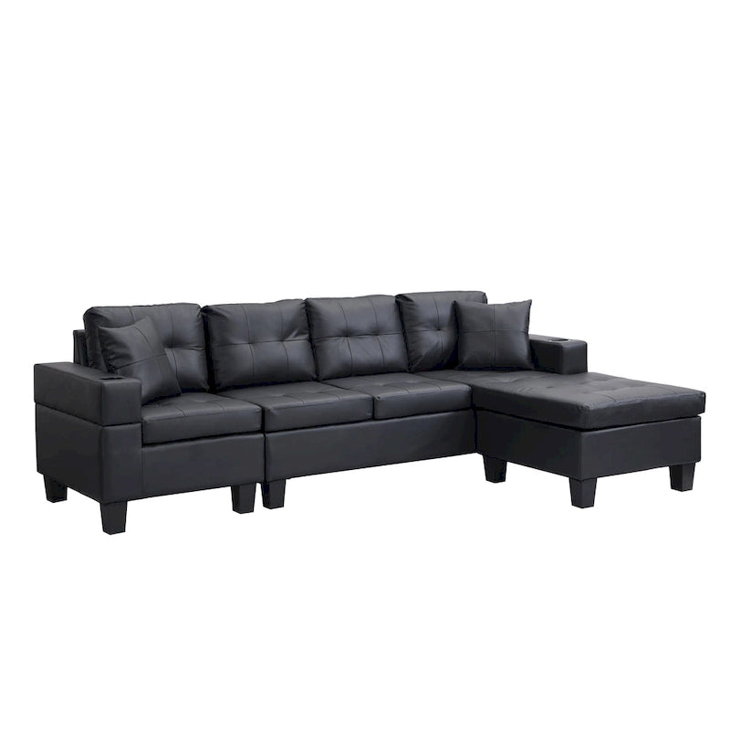 Black 96.06 Contemporary L-Shaped 4-Seater Sectional Sofa with Chaise Lounge, Cup Holders, and Throw Pillows Included