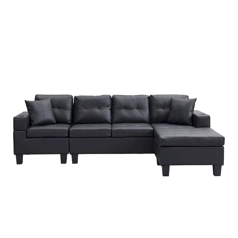 Black 96.06 Contemporary L-Shaped 4-Seater Sectional Sofa with Chaise Lounge, Cup Holders, and Throw Pillows Included