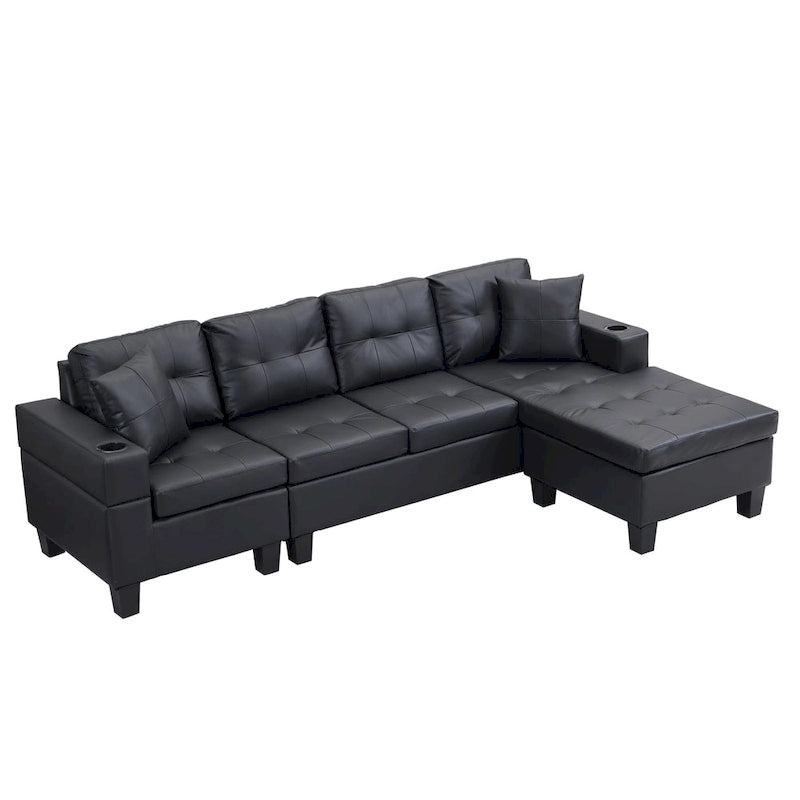 Black 96.06 Contemporary L-Shaped 4-Seater Sectional Sofa with Chaise Lounge, Cup Holders, and Throw Pillows Included