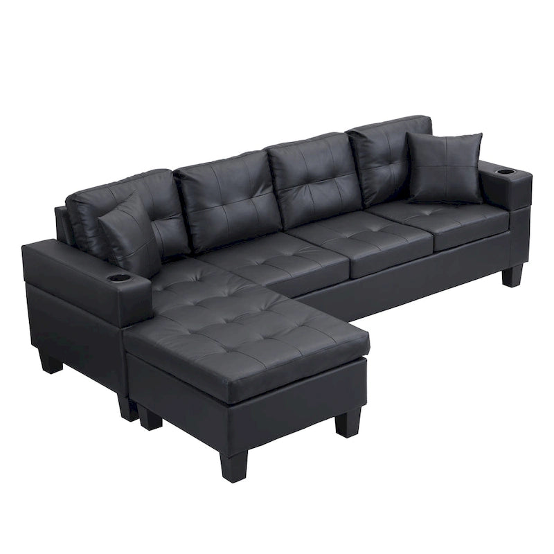 Black 96.06 Contemporary L-Shaped 4-Seater Sectional Sofa with Chaise Lounge, Cup Holders, and Throw Pillows Included