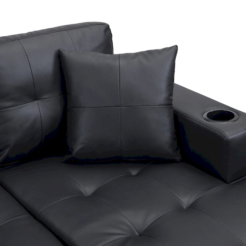 Black 96.06 Contemporary L-Shaped 4-Seater Sectional Sofa with Chaise Lounge, Cup Holders, and Throw Pillows Included