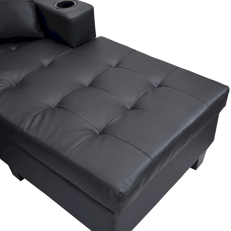 Black 96.06 Contemporary L-Shaped 4-Seater Sectional Sofa with Chaise Lounge, Cup Holders, and Throw Pillows Included