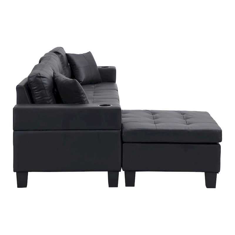 Black 96.06 Contemporary L-Shaped 4-Seater Sectional Sofa with Chaise Lounge, Cup Holders, and Throw Pillows Included