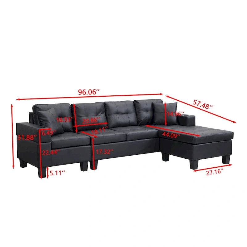 Black 96.06 Contemporary L-Shaped 4-Seater Sectional Sofa with Chaise Lounge, Cup Holders, and Throw Pillows Included