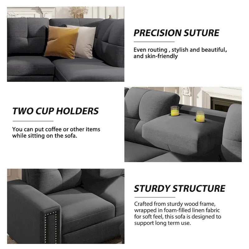 105.2 Reversible L-Shaped 6-Seater Sectional Sofa with Storage Ottoman and Cup Holders, Space-Saving Linen Design