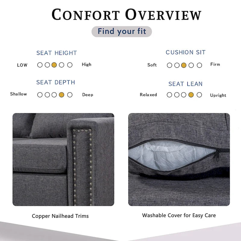 105.2 Reversible L-Shaped 6-Seater Sectional Sofa with Storage Ottoman and Cup Holders, Space-Saving Linen Design