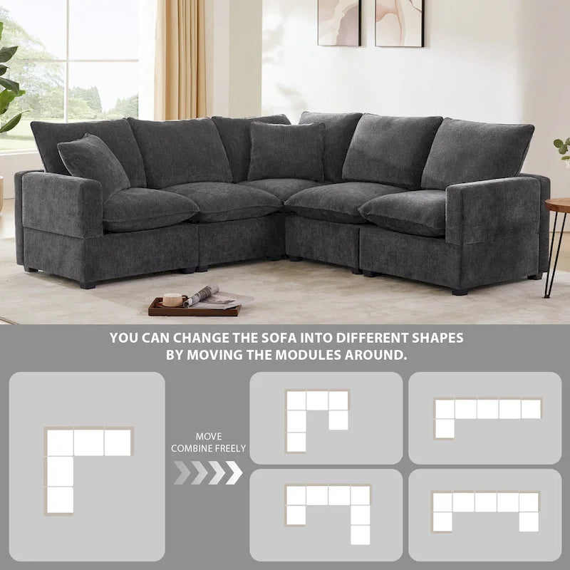 Black 84 Modular Chenille 5-Seat Corner Sectional Sofa Set with 2 Pillows, Ideal for Living Room or Apartment Use