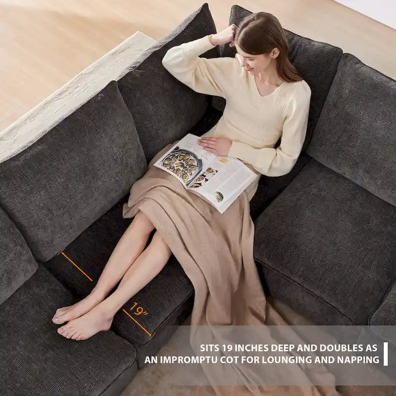 Black 84 Modular Chenille 5-Seat Corner Sectional Sofa Set with 2 Pillows, Ideal for Living Room or Apartment Use