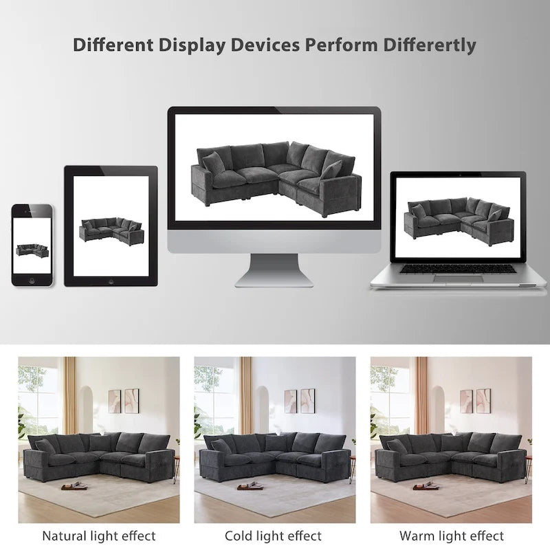 Black 84 Modular Chenille 5-Seat Corner Sectional Sofa Set with 2 Pillows, Ideal for Living Room or Apartment Use
