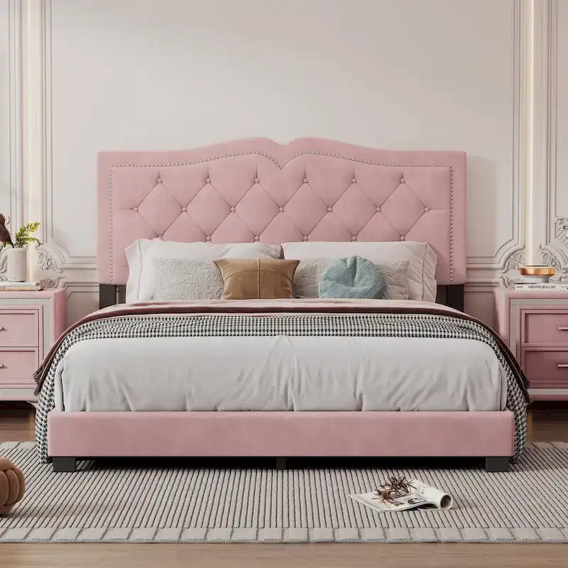 Queen Size Modern Velvet Upholstered Platform Bed with Tufted Headboard