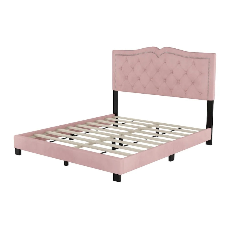 Queen Size Modern Velvet Upholstered Platform Bed with Tufted Headboard