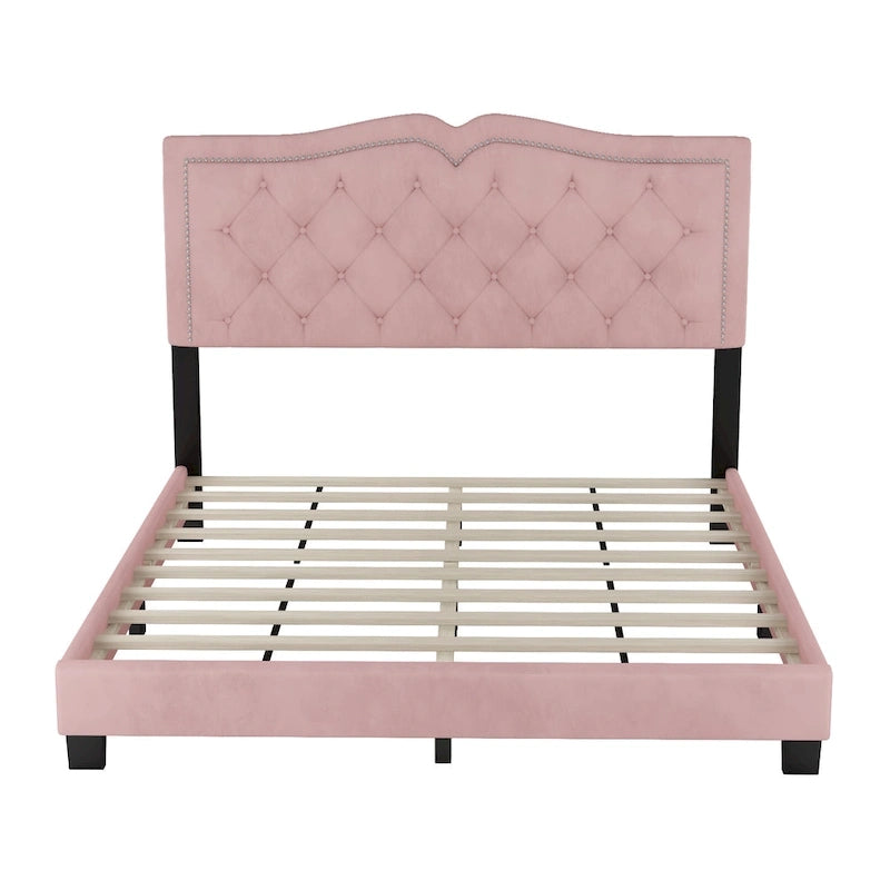 Queen Size Modern Velvet Upholstered Platform Bed with Tufted Headboard