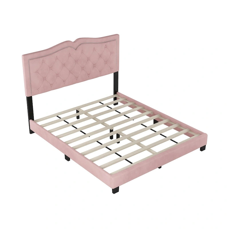 Queen Size Modern Velvet Upholstered Platform Bed with Tufted Headboard