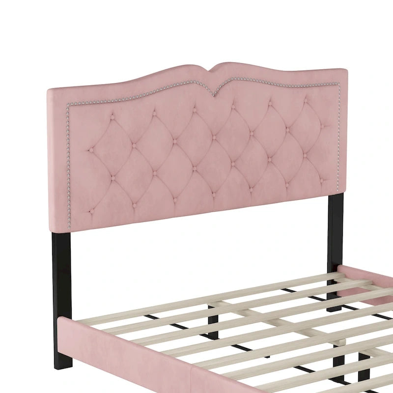 Queen Size Modern Velvet Upholstered Platform Bed with Tufted Headboard