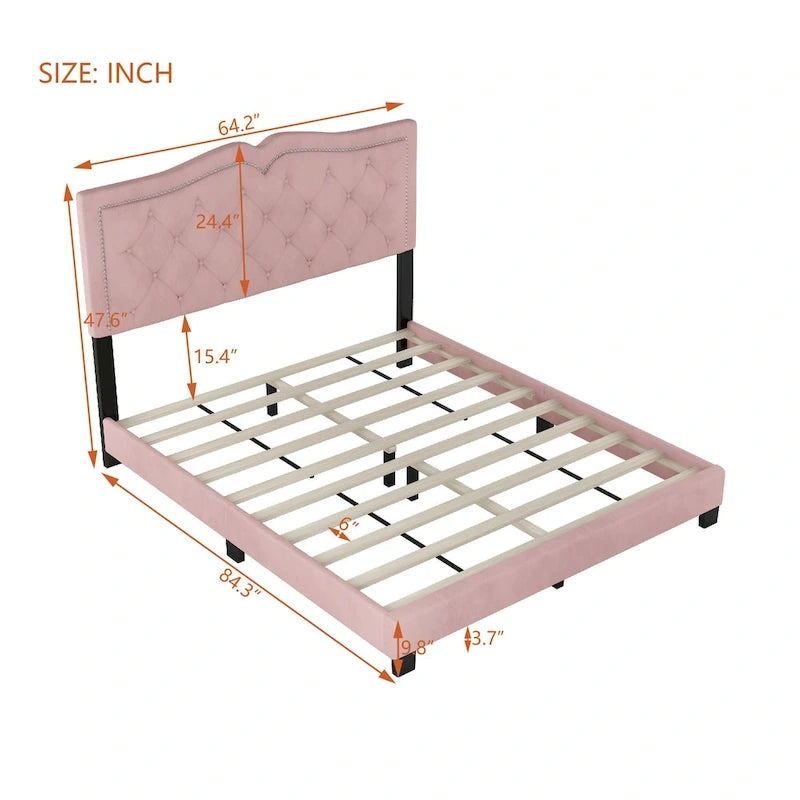 Queen Size Modern Velvet Upholstered Platform Bed with Tufted Headboard