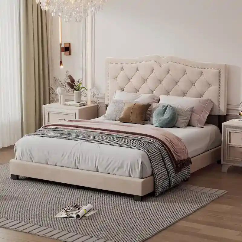 Queen Size Modern Velvet Upholstered Platform Bed with Tufted Headboard