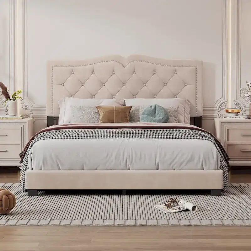 Queen Size Modern Velvet Upholstered Platform Bed with Tufted Headboard