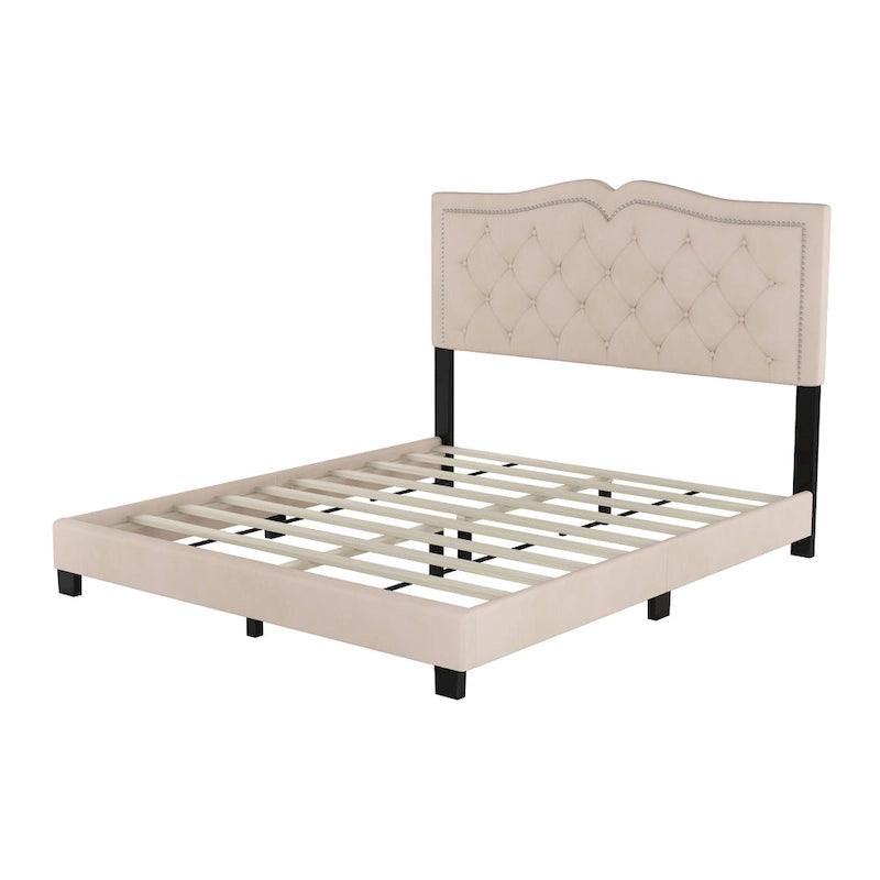 Queen Size Modern Velvet Upholstered Platform Bed with Tufted Headboard