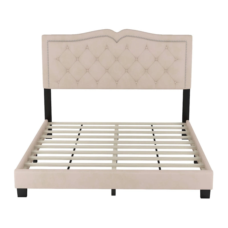 Queen Size Modern Velvet Upholstered Platform Bed with Tufted Headboard