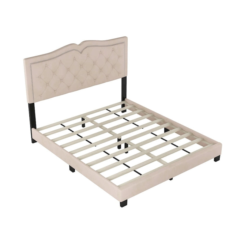Queen Size Modern Velvet Upholstered Platform Bed with Tufted Headboard