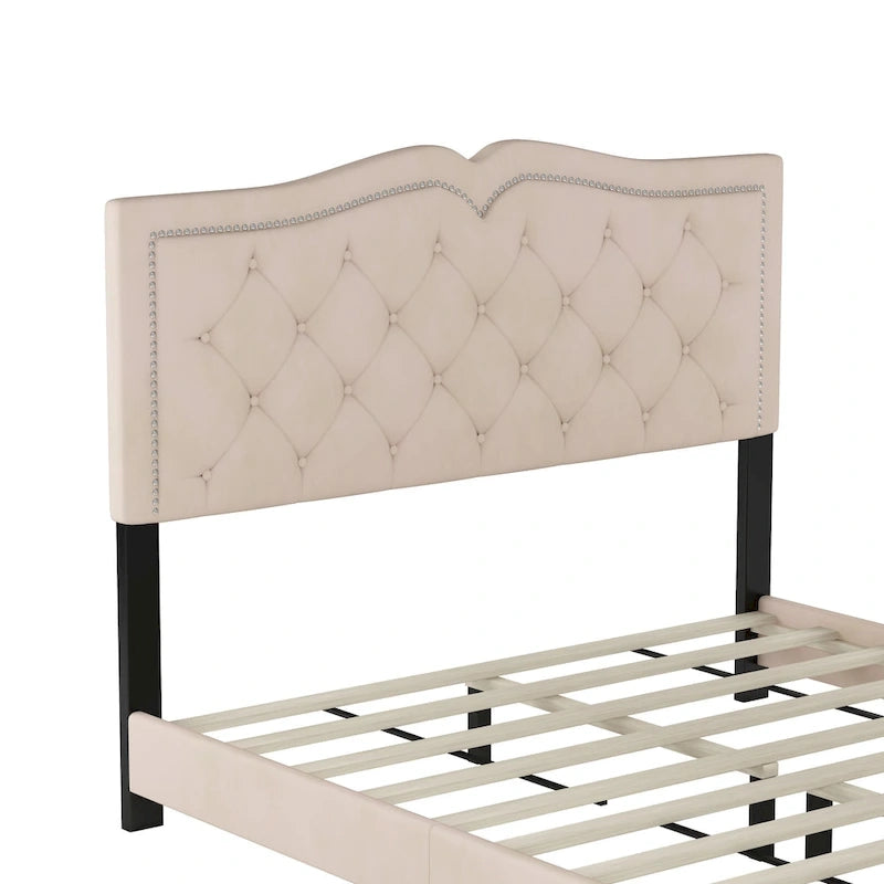 Queen Size Modern Velvet Upholstered Platform Bed with Tufted Headboard
