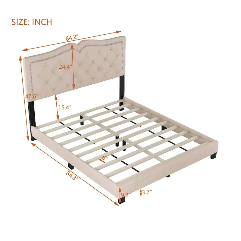 Queen Size Modern Velvet Upholstered Platform Bed with Tufted Headboard