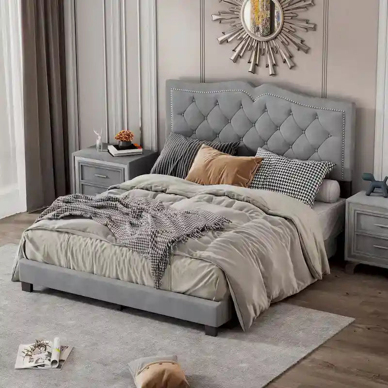 Queen Size Modern Velvet Upholstered Platform Bed with Tufted Headboard