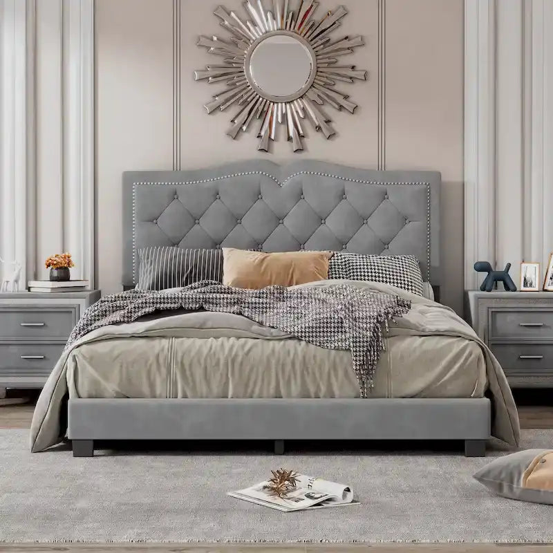 Queen Size Modern Velvet Upholstered Platform Bed with Tufted Headboard