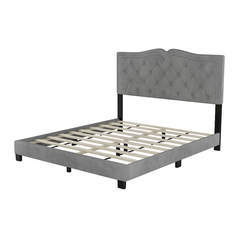 Queen Size Modern Velvet Upholstered Platform Bed with Tufted Headboard