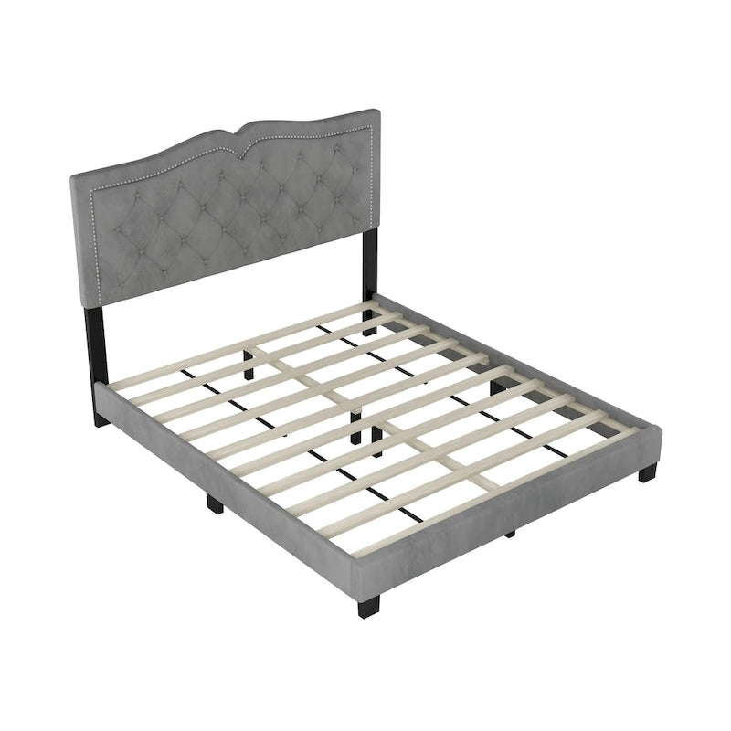 Queen Size Modern Velvet Upholstered Platform Bed with Tufted Headboard