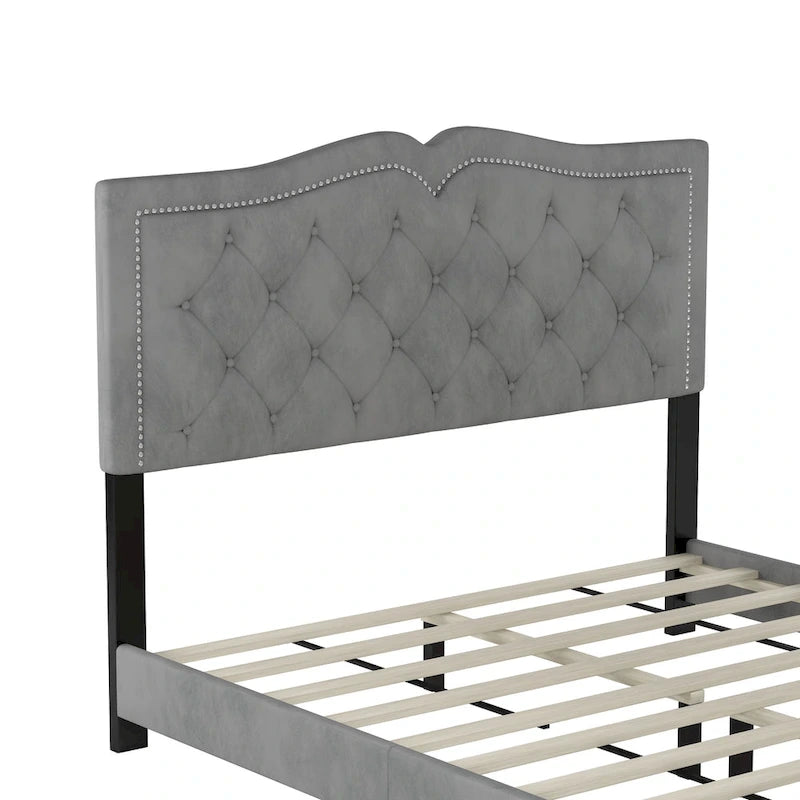 Queen Size Modern Velvet Upholstered Platform Bed with Tufted Headboard