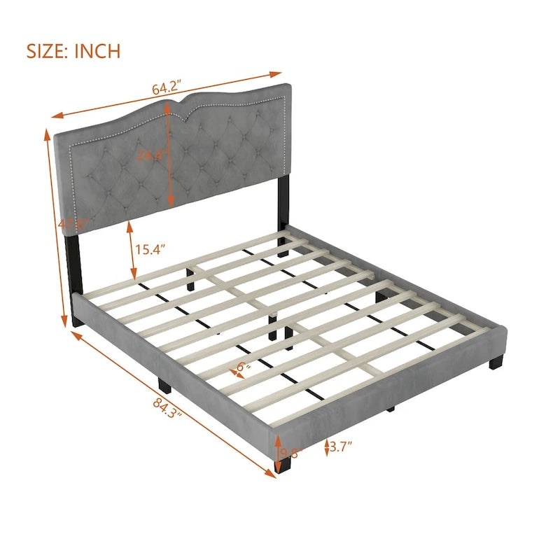 Queen Size Modern Velvet Upholstered Platform Bed with Tufted Headboard