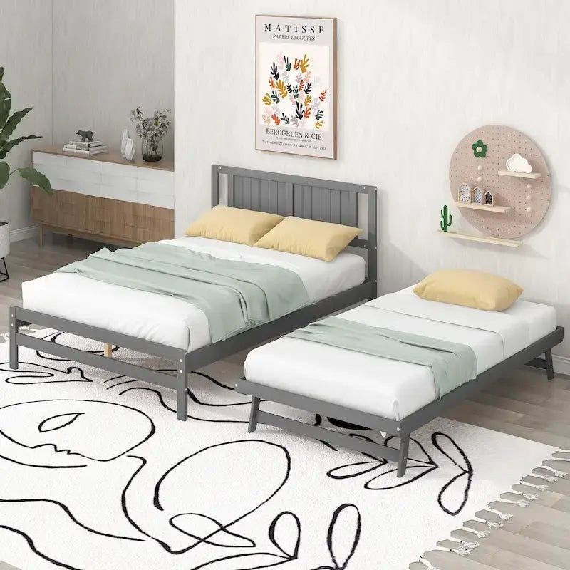 Modern Full Size Pine Wood Platform Bed with Adjustable Trundle