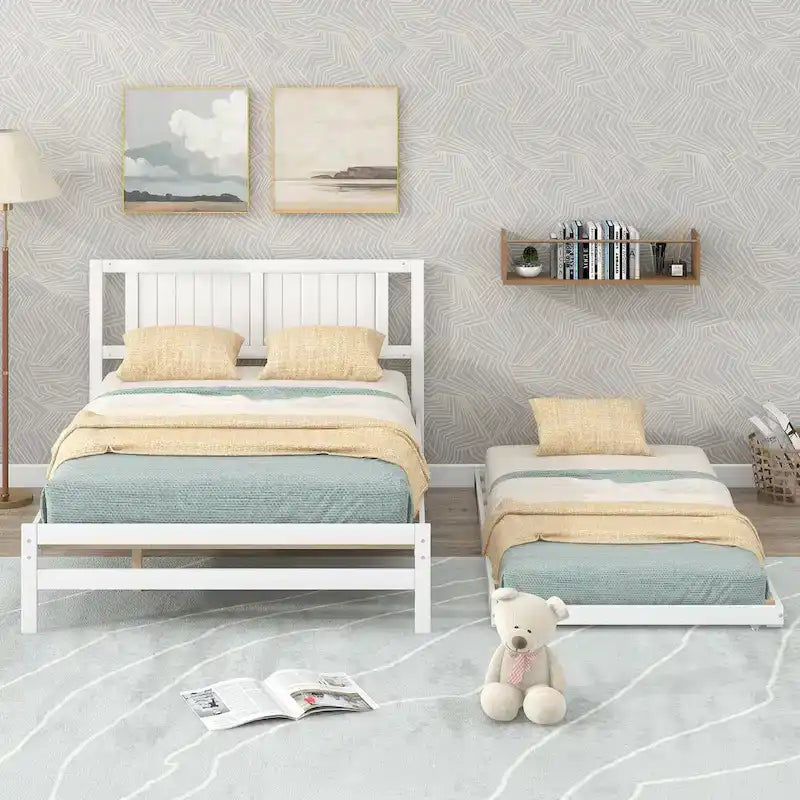 Modern Full Size Pine Wood Platform Bed with Adjustable Trundle