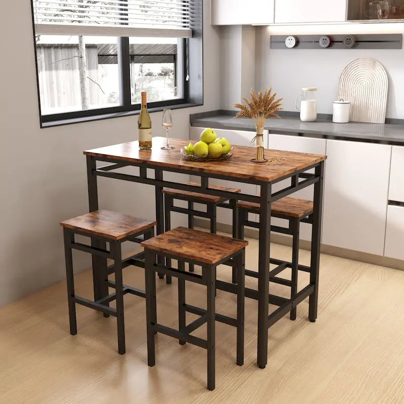 Rustic Style 5-Piece Dining Set with Rectangular Table and 4 High Stools Dining Chairs