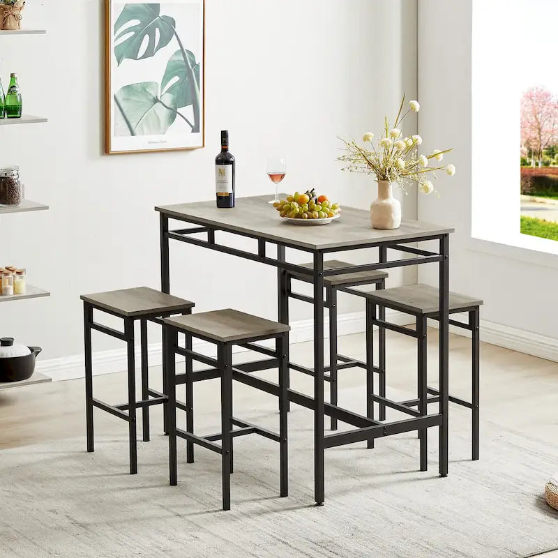 Rustic Style 5-Piece Dining Set with Rectangular Table and 4 High Stools Dining Chairs