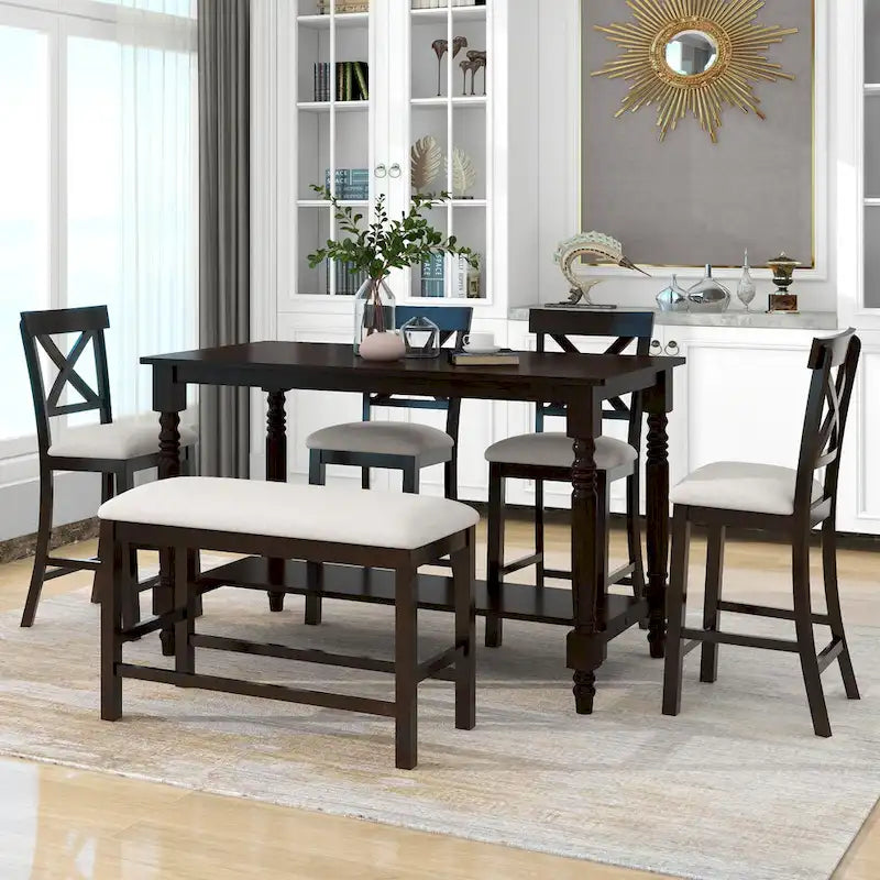 Vintage 6-Piece Counter Height Wooden Dining Table Set with 4 Chairs