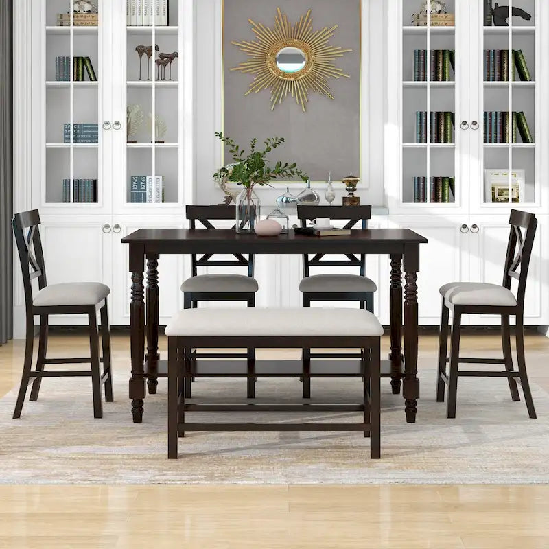 Vintage 6-Piece Counter Height Wooden Dining Table Set with 4 Chairs