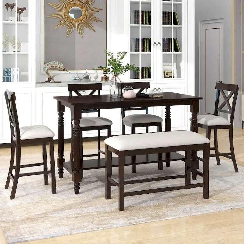 Vintage 6-Piece Counter Height Wooden Dining Table Set with 4 Chairs