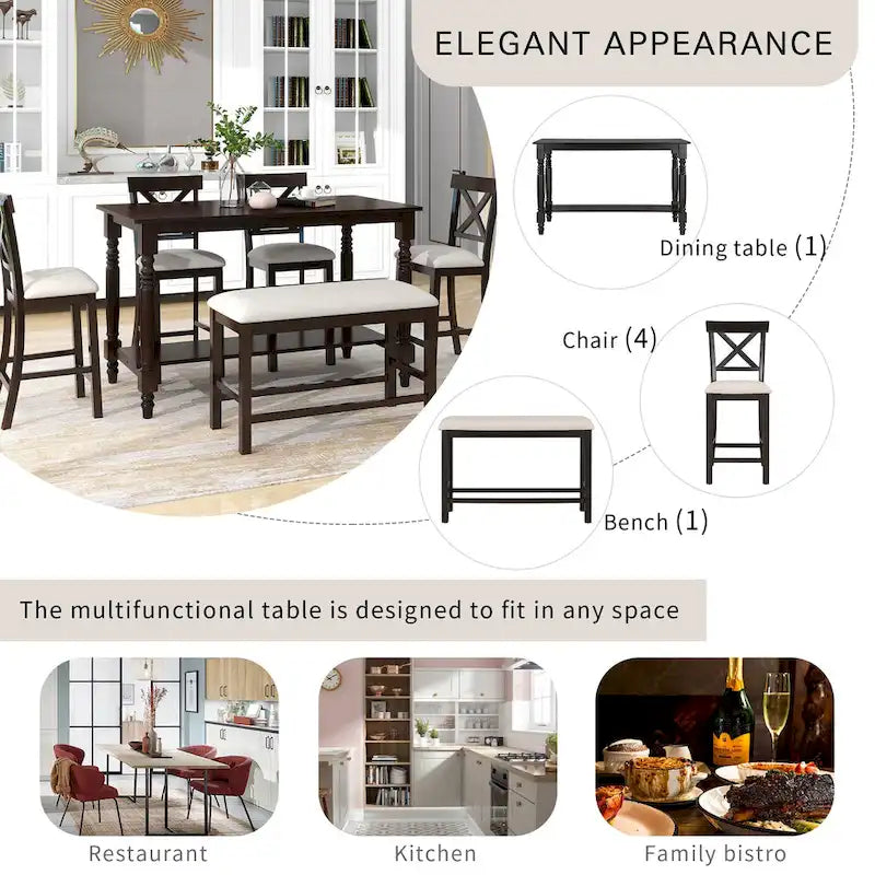 Vintage 6-Piece Counter Height Wooden Dining Table Set with 4 Chairs