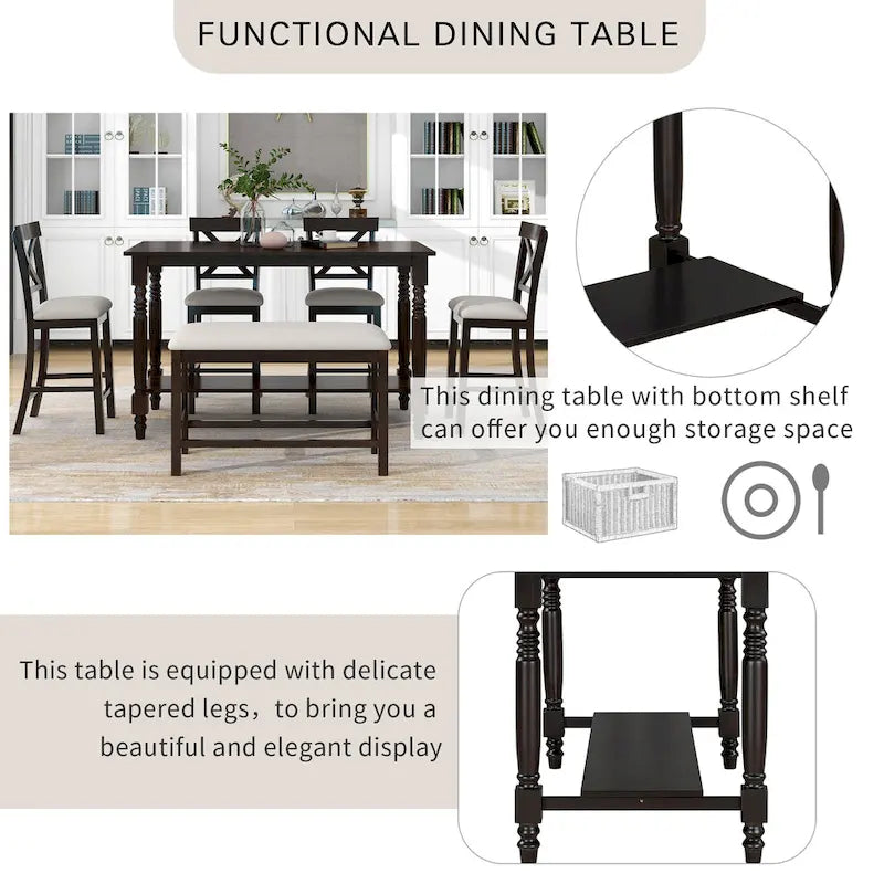 Vintage 6-Piece Counter Height Wooden Dining Table Set with 4 Chairs