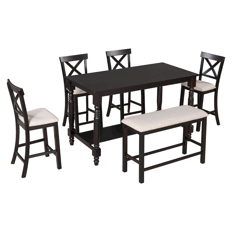 Vintage 6-Piece Counter Height Wooden Dining Table Set with 4 Chairs
