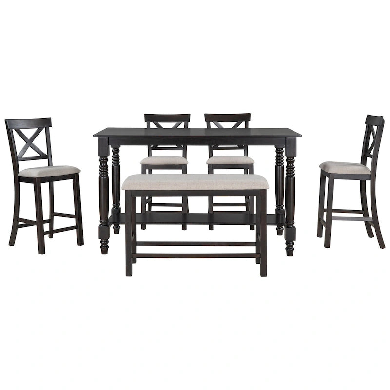 Vintage 6-Piece Counter Height Wooden Dining Table Set with 4 Chairs