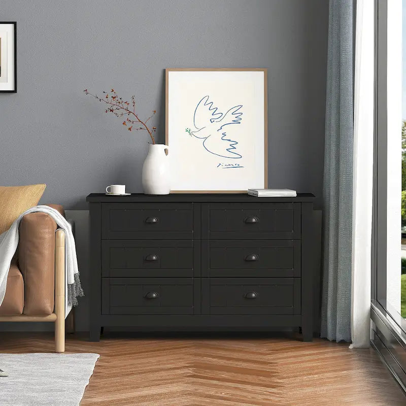 Antique Style 6-Drawer Double Dresser with Retro Shell Handle for Bedroom, Living Room