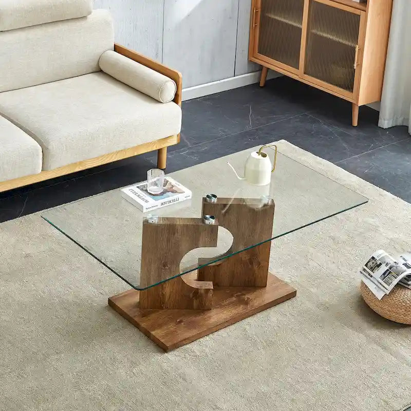 47.2 Modern Rectangular Coffee Table with Tempered Glass Tabletop and MDF Legs