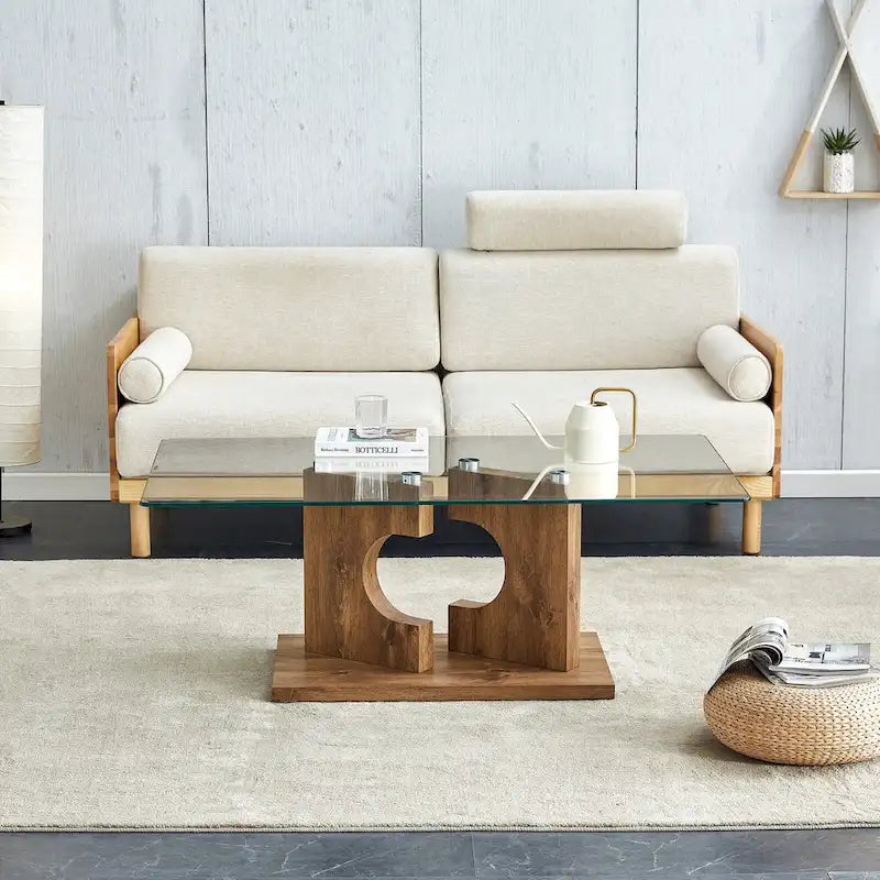 47.2 Modern Rectangular Coffee Table with Tempered Glass Tabletop and MDF Legs